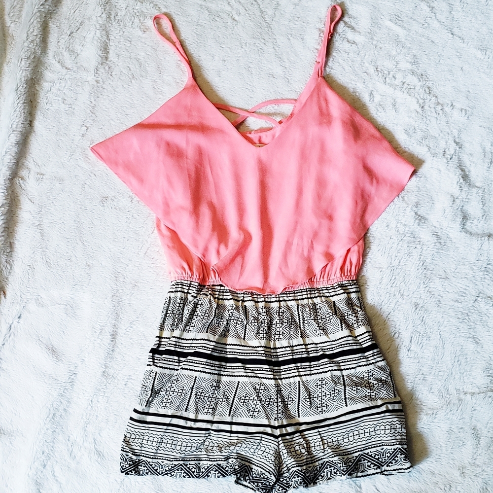 Romper with cross back, pink with print
